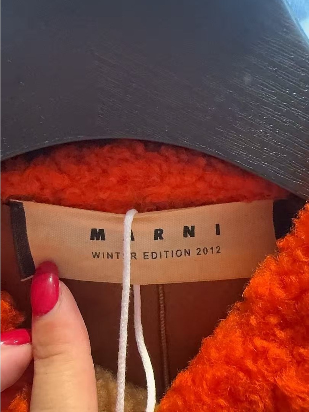 🚩steal Marni Brown Shearling Pea Coat with Red Collar - Picture 3 of 4